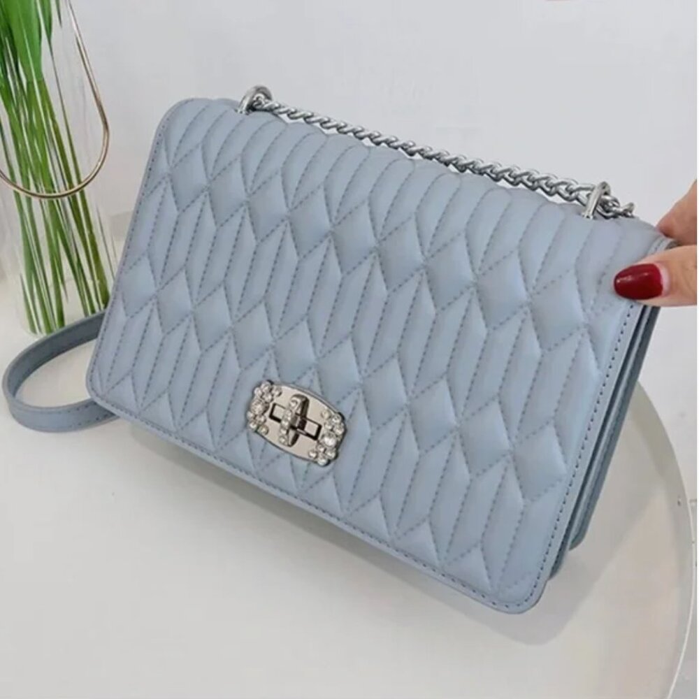 Beautiful Lux Chanel-like Quilted Vegan Leather Handbag w Chain-Powder Blue-NWT